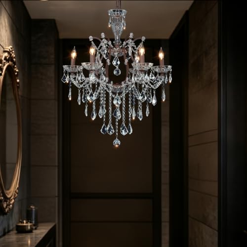 6 Light Vintage Crystal Chandeliers Maria Theresa French Country Farmhouse Chandeliers Light with K9 Crystal Pendants Distressed Brown Iron Frame Pendant Light for Bedroom Foyer Dining Room Rust color