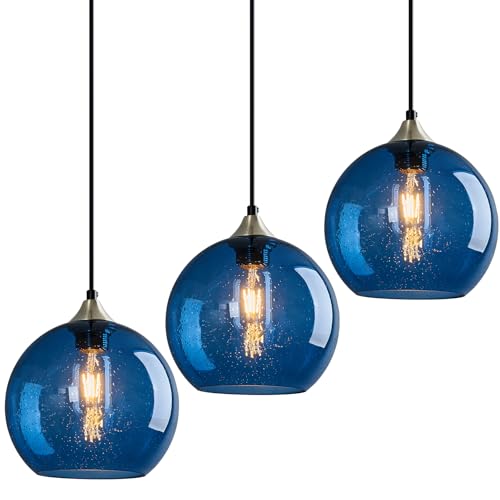 Blue Glass Pendant Lights Kitchen Island Lighting Globe Pendant Light Fixtures Modern Pendant Lighting for Kitchen Island Bedroom Living Dining Room Light Fixture (3 Count)