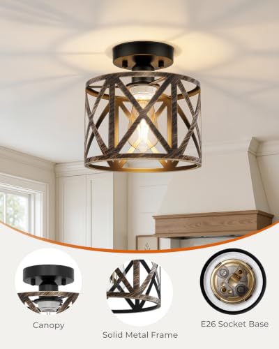 Farmhouse Semi Flush Mount Ceiling Light Fixture E26 Metal Cage Industrial Ceiling Lighting for Kitchen