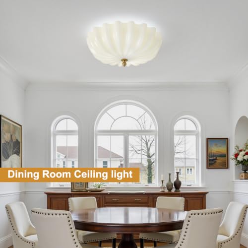 15.7in Cream Glass Ceiling Light Flush Mount Flower Shade 3 (Gold & Cream / 15.7in)