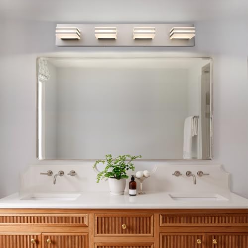 4 Light LED Brushed Nickel Vanity Lights for Bathroom Light Fixtures Adjust 3 Colors Modern Bath Lighing Over Mirror LED Vanity Light 27inch (3 Count)