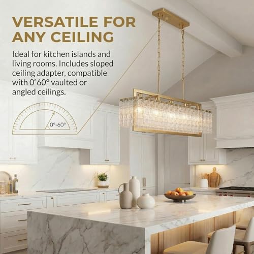 36" Gold Crystal Ripple Glass Rectangle Pendant Chandelier 5