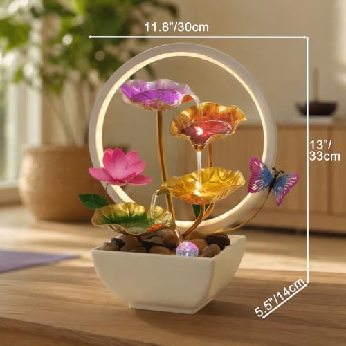 Tabletop Fountain Metal Lotus Indoor Fountain Water Feature for Zen Home Office Fengshui Decor Warm Light