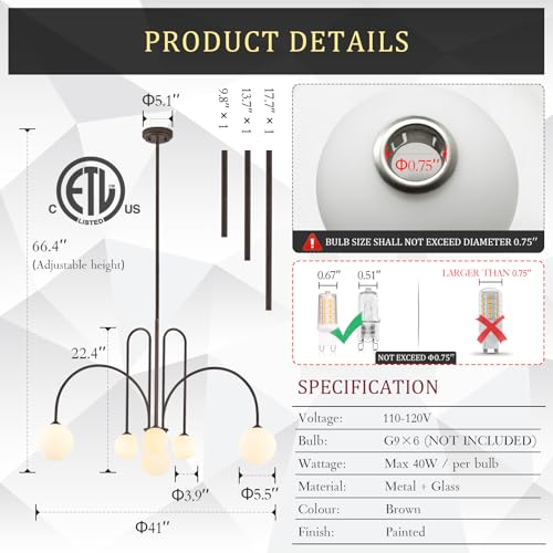 Modern 40" 6 Light Brown Sputnik Chandelier with Milk Glass Globe