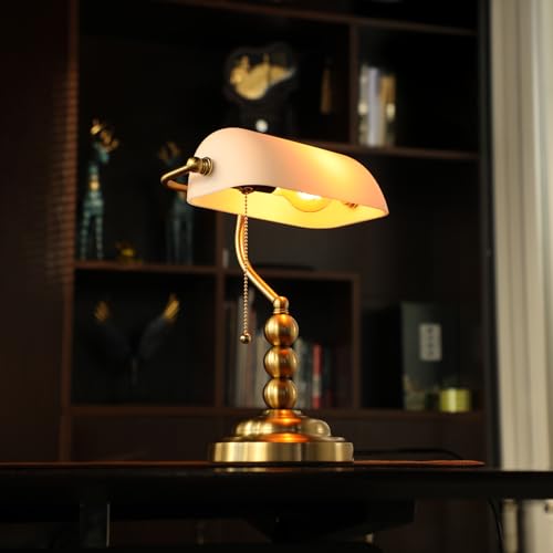 Ivory White Glass Bankers Desk Lamp with Pull Chain