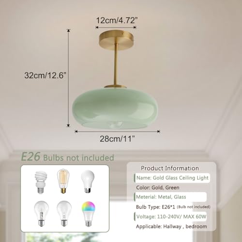 Milk Ceiling Light mid Century Modern Ceiling Light fixtures with Milk Green Glass Shade Gold Semi Flush Mount Ceiling Light