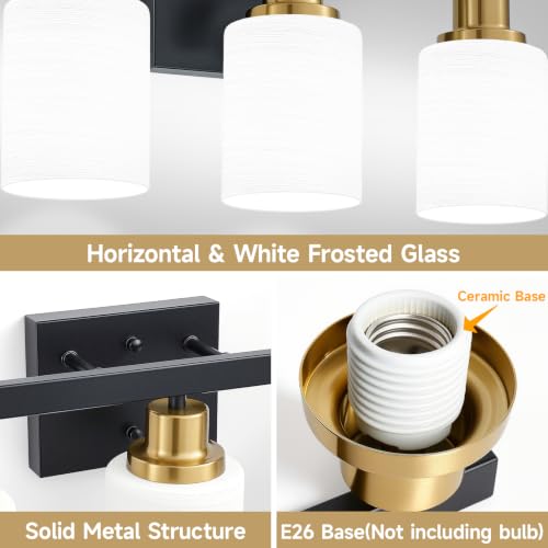 3 Light Vanity Lights Black and Gold Bathroom Light Fixtures 17in