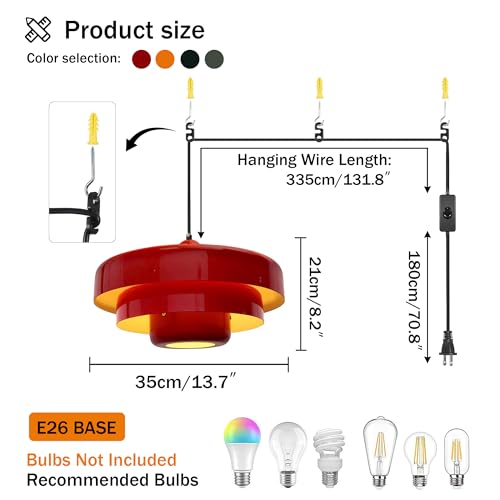 Hanging Lamp Plug in Red Pendant Light Fixtures Mid Century Modern Pendant Lamp Nordic Style Pendant Lighting Metal Shade for Living Room Dining Room Bedroom Kitchen Island