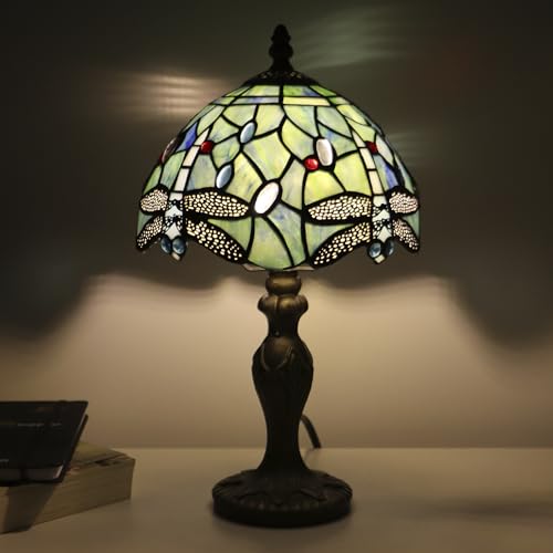 Tiffany Table Lamp Dragonfly Style Sea Blue Stained Glass Accent Lamp Bronze Resin Base 8X8X14 Inch