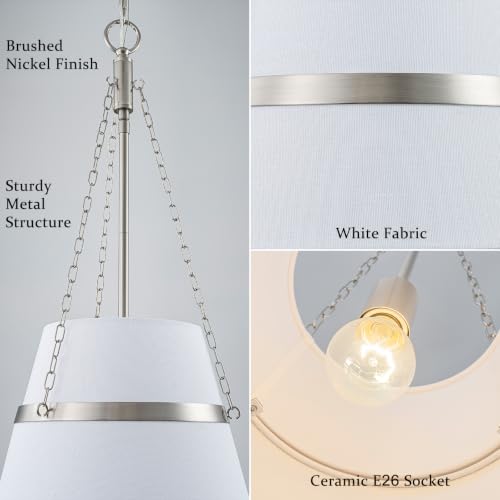 11.4" Brushed Nickel Drum Pendant Lights Kitchen Island White Fabric Shade