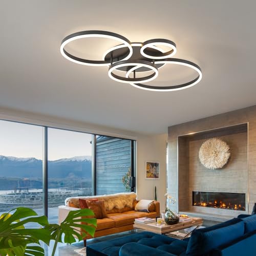 Flush Mount Modern Ceiling Light Black Led Modern Light Fixtures Ceiling Mount Lights 4 Rings Led Chandelier Lamp Fixture with Remote for Living Room Kitchen Dining Room Bedroom