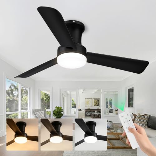 42 Inch Black Low Profile Ceiling Fan with Light and Remote (Black-3 / 42 Inch)