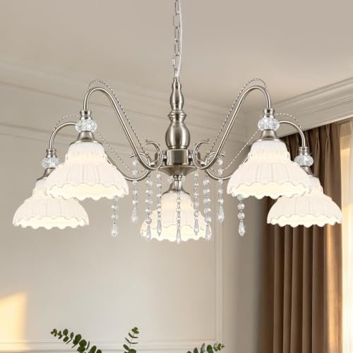 5 Light Chandelier in Brushed Nickel Finish with Flower (5-Light / Nickel and White)