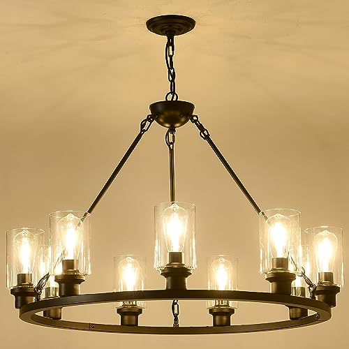 Black Wagon Wheel Chandelier 32 Inch Modern Farmhouse Glass Pendant Light 9