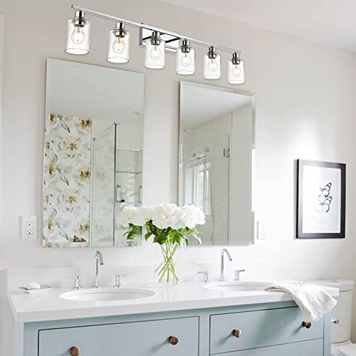 6 Lights Bathroom Vanity Light in Chrome Finish with Clear Cylinder Glass Shade Industrial Wall Light Fixtures Over Mirror for Dressing Table Bedroom