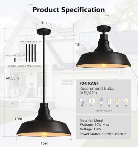 15" Black Farmhouse Pendant Barn Light