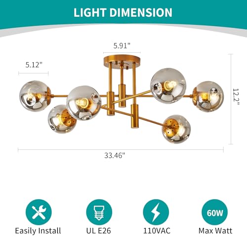 6 Lights Gold Sputnik Ceiling Light Fixture Modern Globe Glass Chandelier