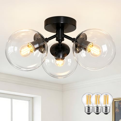 3 Light Modern Black Semi Flush Mount Ceiling Light Clear Glass Globe Ceiling Lights Mid Century Black Chandelier 3 Light Sputnik Ceilings Lights Fixture for Bedroom Hallway Entryway