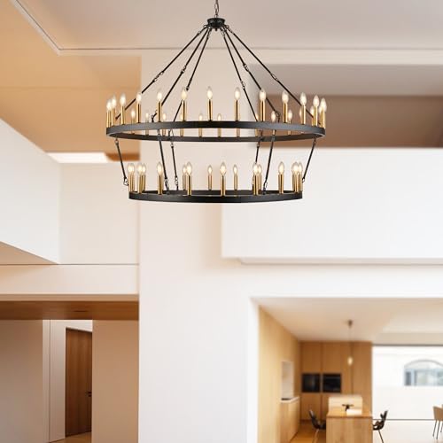 Rustic Farmhouse Wagon Wheel Chandelier Black+Brushed Brass Large Chandeliers for High Ceilings 2 Tier 48 Lights 55 Inch for Dining Room Living Room Foyer Porch Kitchen Island
