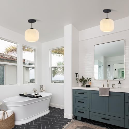 Small White Ribbed Glass Flush Mount Ceiling Light (2 Count)