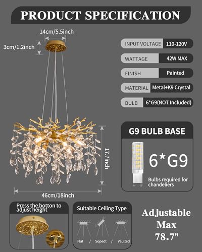 Modern Tree Branch Crystal Chandelier Luxury Gold Crystal Pendant Lighting 18" Contemporary 6 (6 Count)