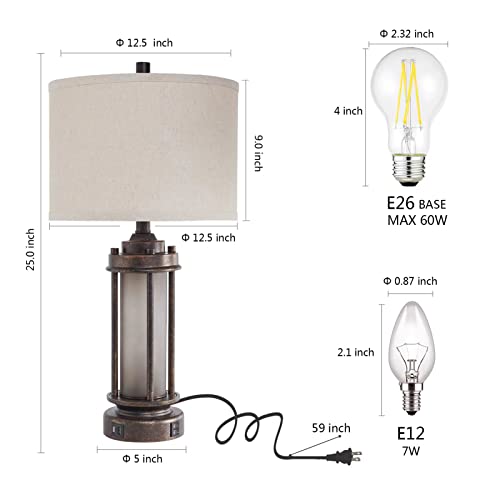 Set of 2 Farmhouse Table Lamps for Living Room with USB C+A Ports (2 Count)