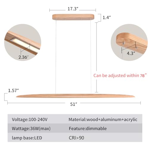51" 36W Wood LED Linear Pendant Light Fixture Led Dining Room Light Dimmable Hanging Light Fixture for Dining Room Kitchen Island Pool Table Lights Natural Ash