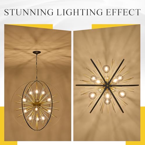 31" 12 Light Black Gold Sputnik Chandeliers with Smoke Glass Shade