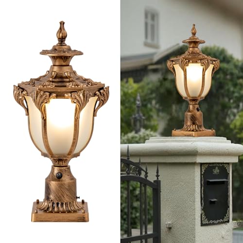 Dusk to Dawn Sensor Outdoor Post Light 22" Vintage Large Waterproof Exterior Lamp Landscape Lamps Post Retro Lantern Pole Light for Yard Garden Pathway Fence Brass