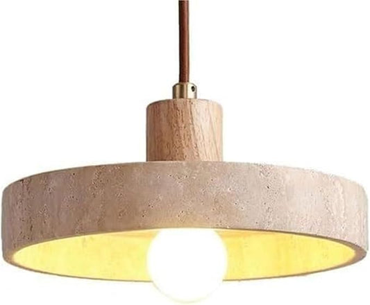 Travertine Pendant Light Natural Stone with Wood Accent Beige Disc Shade Adjustable Height E27 Base Wabi-Sabi Japandi Style Minimalist Ceiling Lighting(Wood Color)
