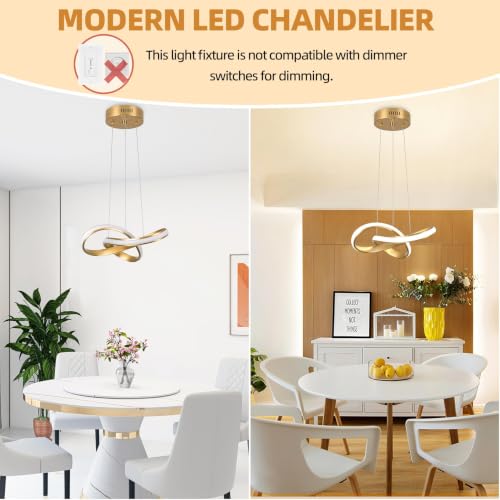 LED Chandelier Modern Pendant Light Fixture 2 Pack Simple Irregular Streamline Ring Light Gold with 4500K and 59" Height Adjustable Hanging Lamp for Kitchen Island Hallway Foyer Corridor