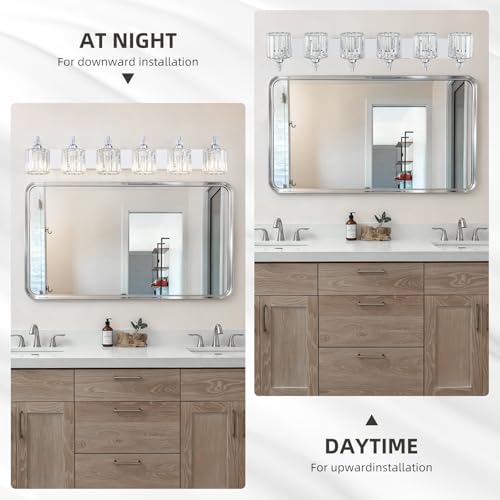 6 Light Modern Bathroom Light Fixture Chrome Bathroom Vanity Lights Over Mirror Wall Sconce Lighting with K9 Crystal Shades E26 Base for Bedroom