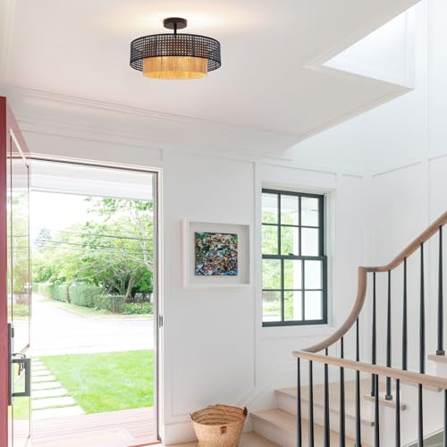 Black Boho Wicker Ceiling Light Fixture