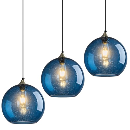 Blue Glass Pendant Lights Kitchen Island Lighting Globe Pendant Light Fixtures Modern Pendant Lighting for Kitchen Island Bedroom Living Dining Room Light Fixture (3 Count)