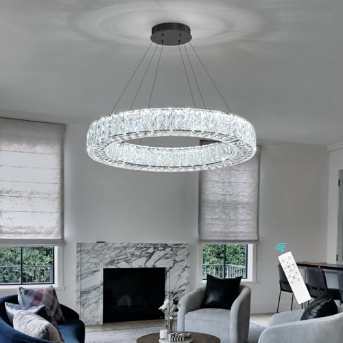 Modern Round Crystal Chandelier Dimmable LED Hanging Light Fixture with Remote for Living Room Dining Room Bedroom Black