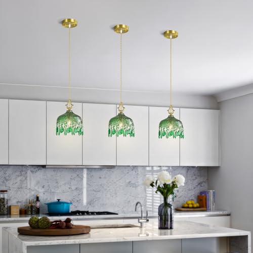 Brass Vintage Pendant Light Green Crystal Hanging Light Fixtures
