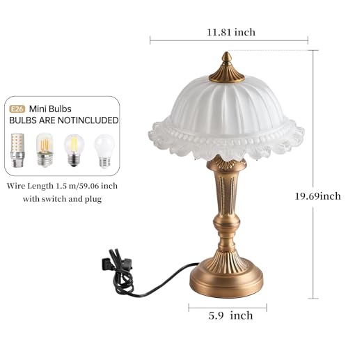 Glass Shade Table Lamp 2 Lights Vintage Metal Desk Lamp with Plug Switch for Bedroom Living Room Home Office Brass and White