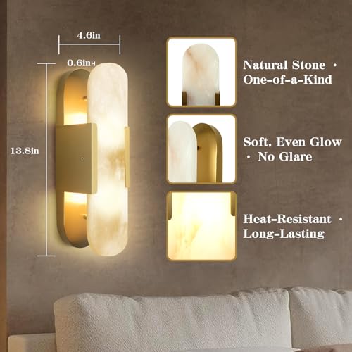 13.8" Brass Alabaster Wall Sconces (2 Count)