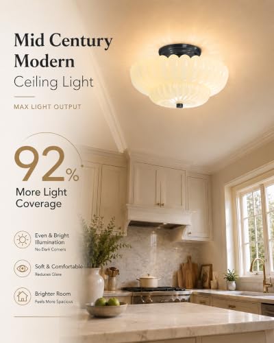 Semi Flush Mount Ceiling Light Fixture 11.8" Vinatge Black Ceiling Lights Mid Century Modern Milk White Glass Close to Ceiling Lighting Fixtures for Bedroom Hallway Foyer Bathroom Kitchen