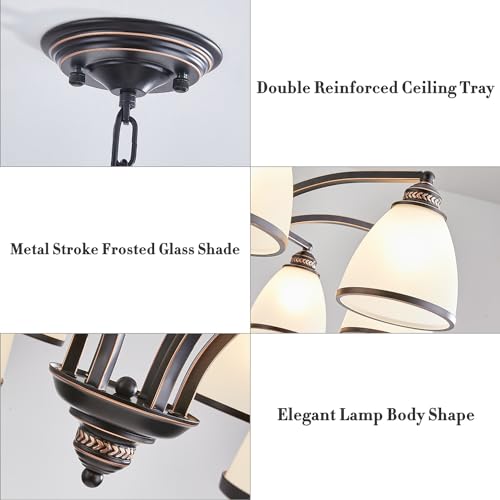 6 Light Chandeliers for Dining Room with Frosted Glass Black and Gold Strokes Modern 30’’Ceiling Hanging Light Fixtures Classic Pendant Lighting for Kitchen (6 Count)