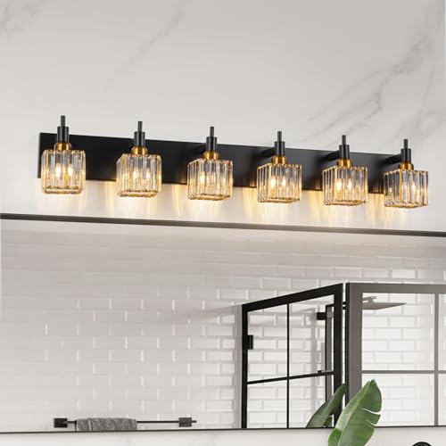 6 Lights Crystal Bathroom Vanity Light Black Gold Modern Bathroom Lighting Fixtures Over Mirror