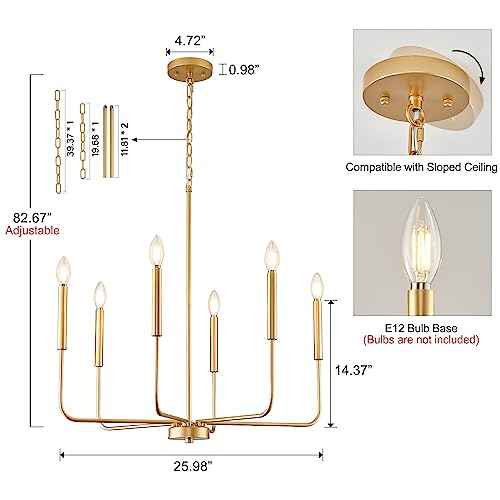Modern Gold Chandelier for Dining Room,Metal 6-Light Kitchen Light Fixtures,Farmhouse Candle Hanging Pendant Light for Living Room Entryway Foyer Bedroom (Bulb Not Included)