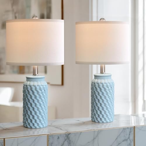 20.5" Light Blue Modern Ceramic Bedside Lamp Set of 2 for Bedroom Decor Farmhouse Table Lamp for Living Room Office Dorm (2 Count)