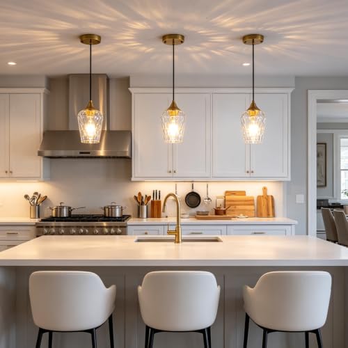 Hammered Glass Pendant Lights Brushed Gold Kitchen Lighting Over Island (3 Count)