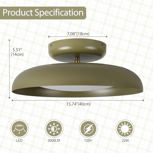 Dimmable LED 15.7 inch Semi Flush Mount Ceiling Light