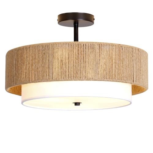 Boho Rattan semi Flush Mount Ceiling Light
