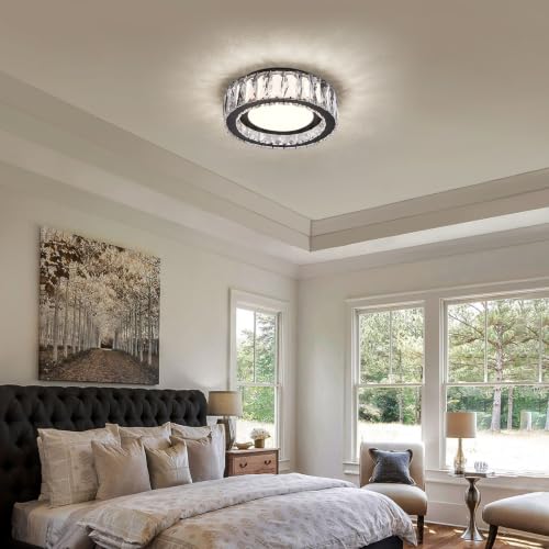 11 Inch Matte Black Crystal Flush Mount Ceiling Light Fixture