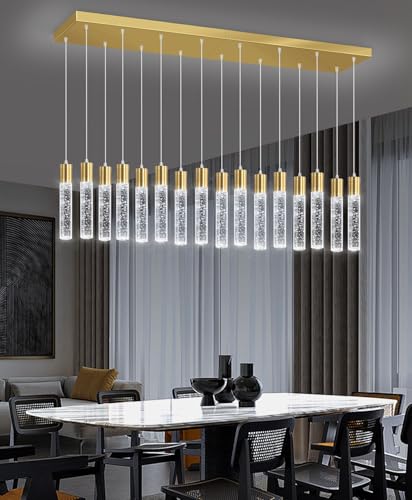 16 Lights Modern Crystal Rectangular Chandeliers LED Pendant Light for Kitchen Island High Ceiling Chandelier for Dining Room Entrance Foyer Living Room Gold