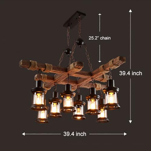 8 Lights Industrial Retro Wooden Chandelier Pendant Light Island Hanging Ceiling Fixture Vintage Farmhouse Wood Light Adjustable Chain for Home Cafe Bar Restaurant