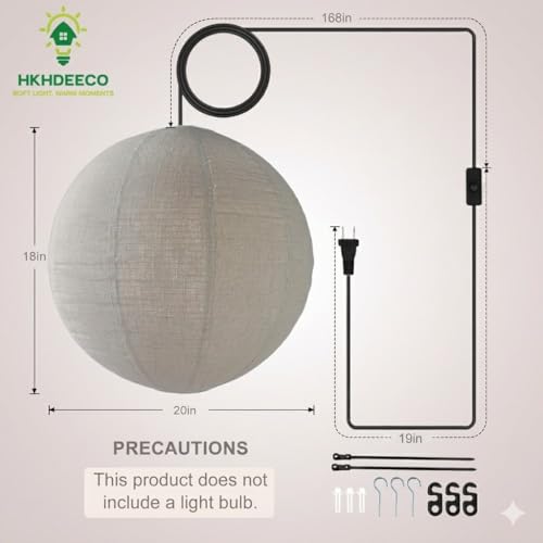 20 Inch Linen Plug in Pendant Light with 191 Inch Cord E26 Socket